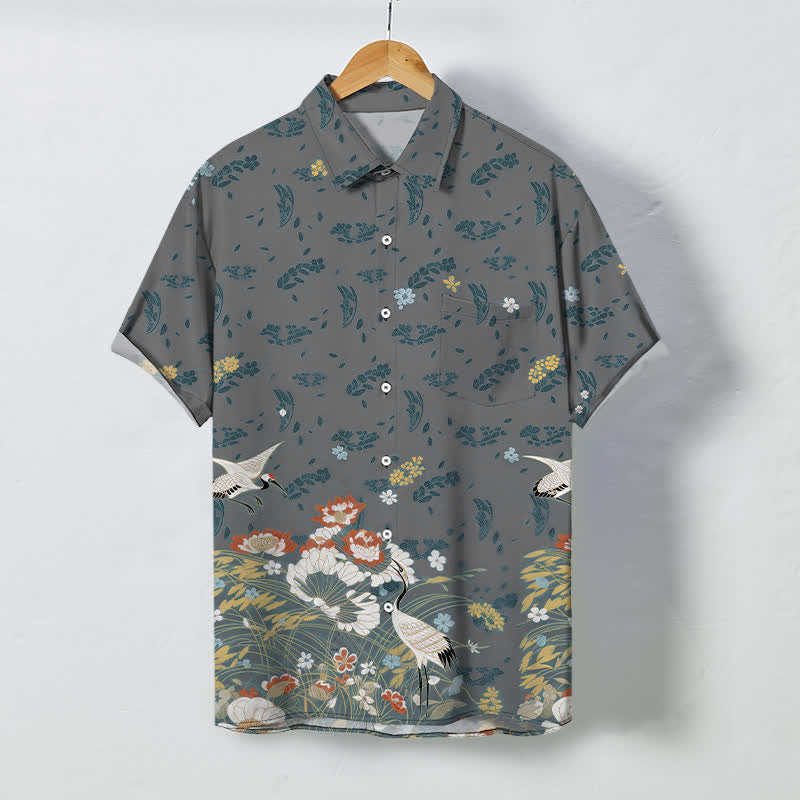 Nimara Ritual Floral Crane Pattern Buttons Breathable Men's Short Sleeve Shirt