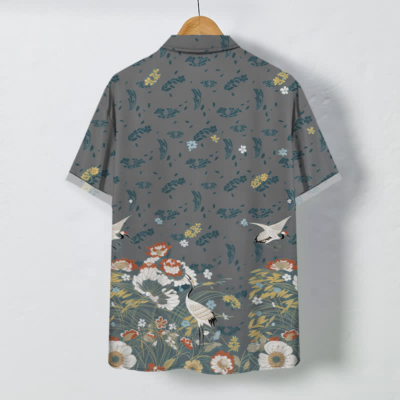 Nimara Ritual Floral Crane Pattern Buttons Breathable Men's Short Sleeve Shirt