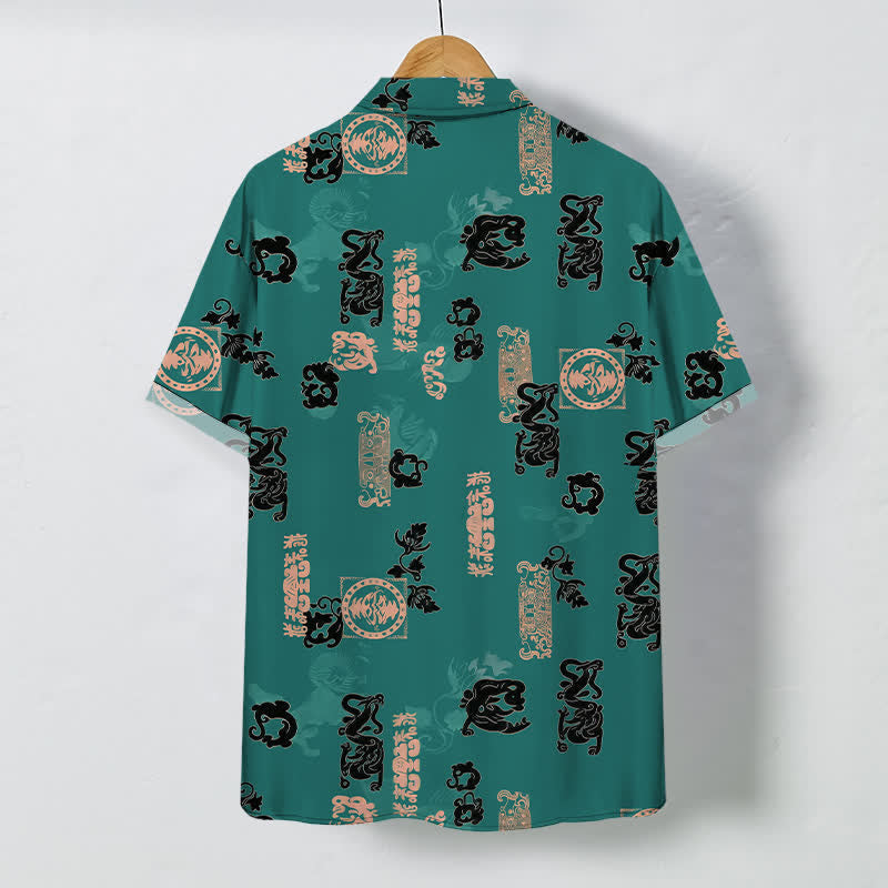 Nimara Ritual Vintage Teal Letter Pattern Buttons Breathable Men's Short Sleeve Shirt