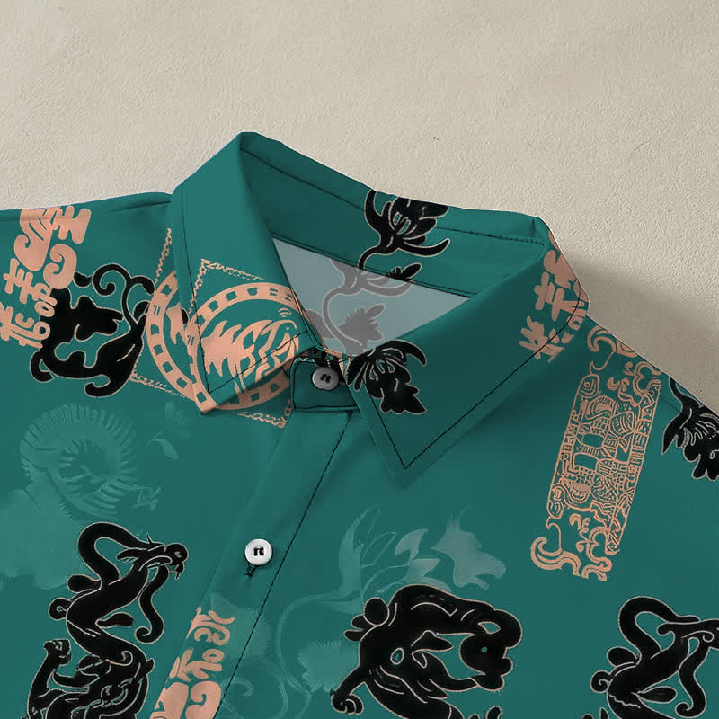 Nimara Ritual Vintage Teal Letter Pattern Buttons Breathable Men's Short Sleeve Shirt