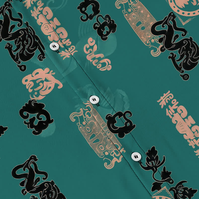 Nimara Ritual Vintage Teal Letter Pattern Buttons Breathable Men's Short Sleeve Shirt