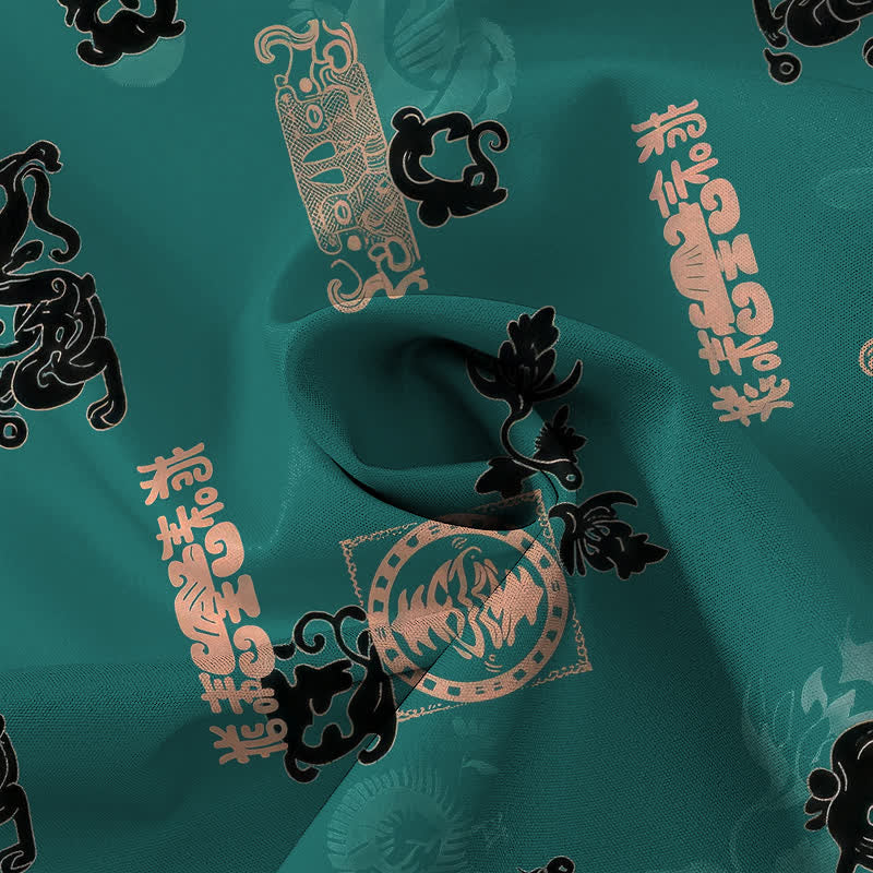 Nimara Ritual Vintage Teal Letter Pattern Buttons Breathable Men's Short Sleeve Shirt