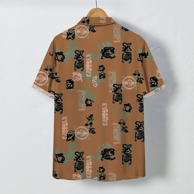 Nimara Ritual Vintage Teal Letter Pattern Buttons Breathable Men's Short Sleeve Shirt