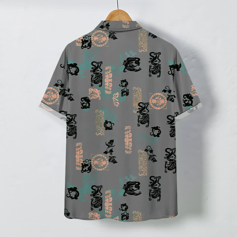 Nimara Ritual Vintage Teal Letter Pattern Buttons Breathable Men's Short Sleeve Shirt