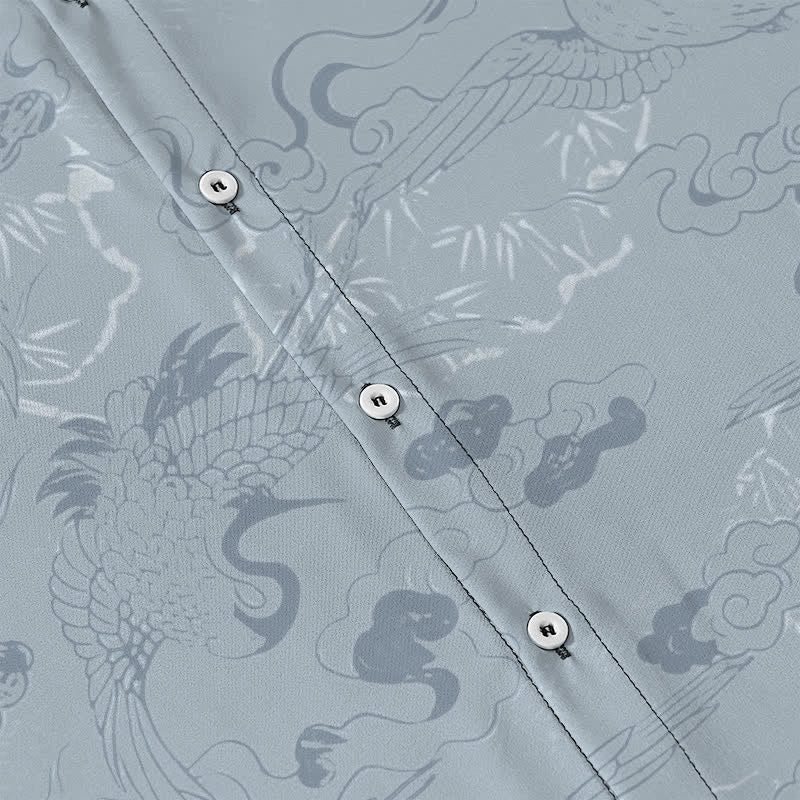 Nimara Ritual Cloud Crane Pattern Buttons Breathable Men's Short Sleeve Shirt