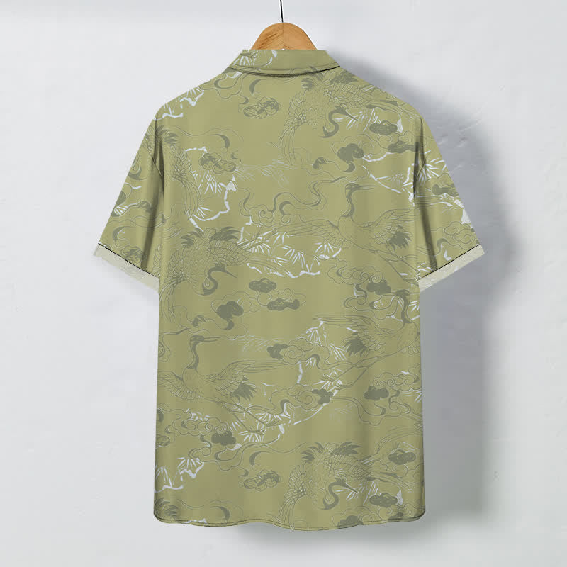 Nimara Ritual Cloud Crane Pattern Buttons Breathable Men's Short Sleeve Shirt