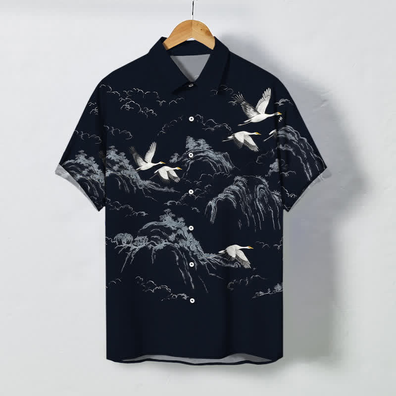 Nimara Ritual Ink Crane Mountain Cloud Pattern Buttons Breathable Men's Short Sleeve Shirt