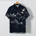Nimara Ritual Ink Crane Mountain Cloud Pattern Buttons Breathable Men's Short Sleeve Shirt