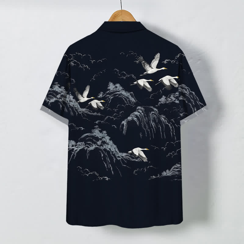 Nimara Ritual Ink Crane Mountain Cloud Pattern Buttons Breathable Men's Short Sleeve Shirt