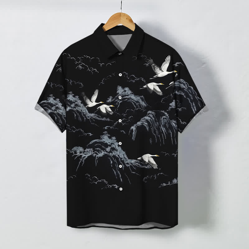Nimara Ritual Ink Crane Mountain Cloud Pattern Buttons Breathable Men's Short Sleeve Shirt