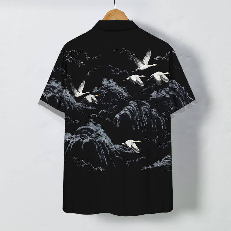 Nimara Ritual Ink Crane Mountain Cloud Pattern Buttons Breathable Men's Short Sleeve Shirt