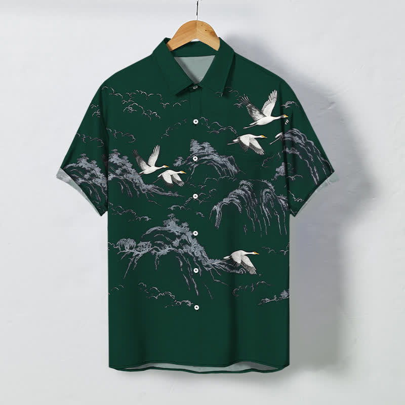 Nimara Ritual Ink Crane Mountain Cloud Pattern Buttons Breathable Men's Short Sleeve Shirt