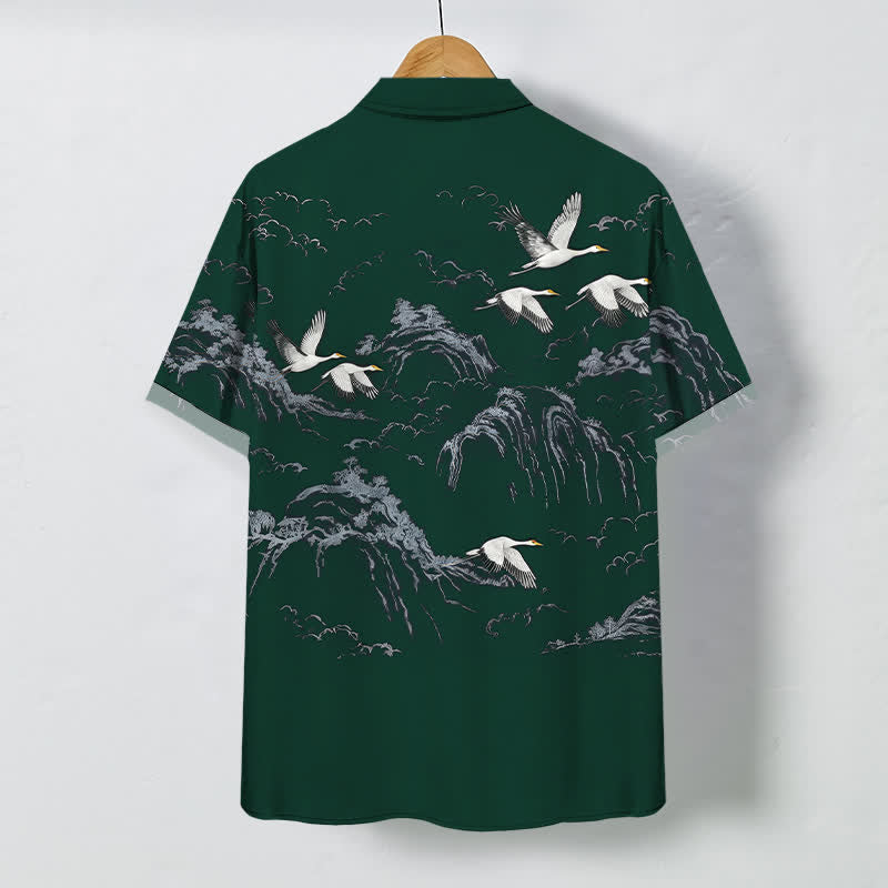 Nimara Ritual Ink Crane Mountain Cloud Pattern Buttons Breathable Men's Short Sleeve Shirt