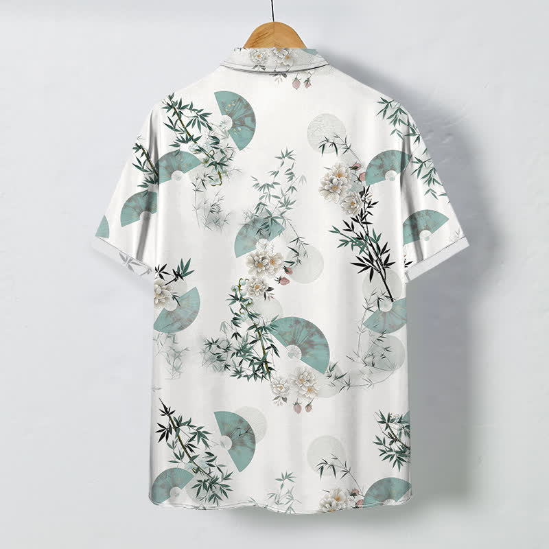 Nimara Ritual Mint Fan Bamboo Blossom Pattern Buttons Breathable Men's Short Sleeve Shirt