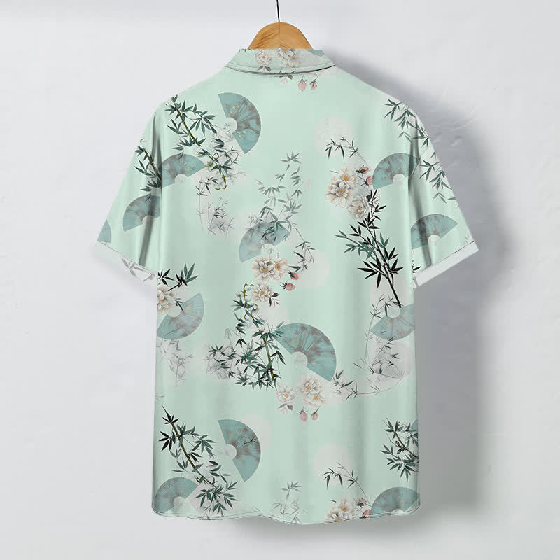 Nimara Ritual Mint Fan Bamboo Blossom Pattern Buttons Breathable Men's Short Sleeve Shirt