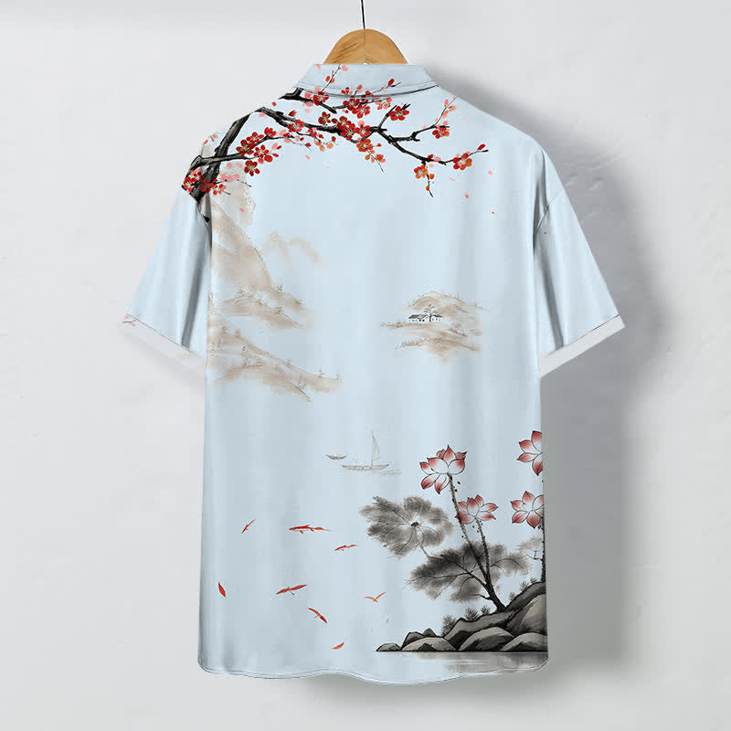 Nimara Ritual Ink Landscape Red Blossom Pattern Buttons Breathable Men's Short Sleeve Shirt