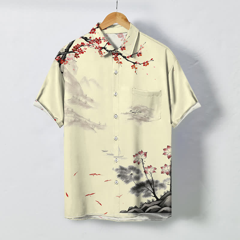 Nimara Ritual Ink Landscape Red Blossom Pattern Buttons Breathable Men's Short Sleeve Shirt
