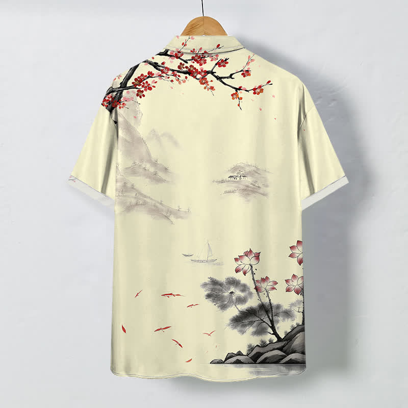Nimara Ritual Ink Landscape Red Blossom Pattern Buttons Breathable Men's Short Sleeve Shirt