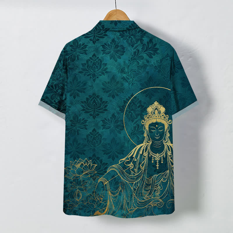 Nimara Ritual Vintage Botanical Lotus Figure Pattern Buttons Wrinkle-resistant Men's Short Sleeve Shirt