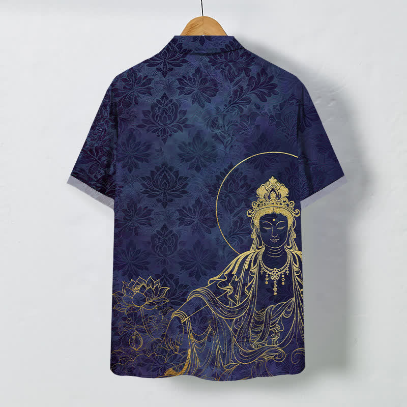 Nimara Ritual Vintage Botanical Lotus Figure Pattern Buttons Wrinkle-resistant Men's Short Sleeve Shirt