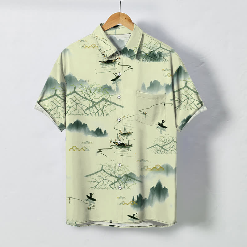 Nimara Ritual Ink Landscape Mountain Boat Pattern Buttons Breathable Men's Short Sleeve Shirt
