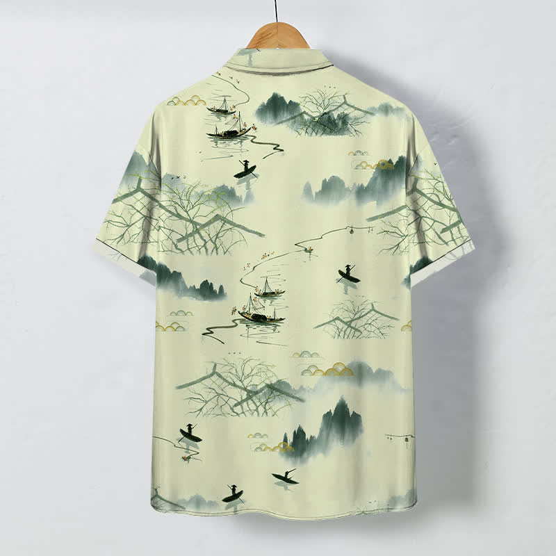 Nimara Ritual Ink Landscape Mountain Boat Pattern Buttons Breathable Men's Short Sleeve Shirt