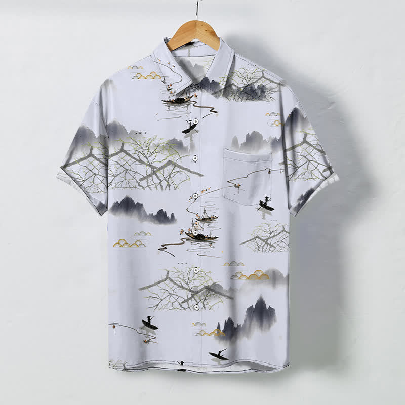 Nimara Ritual Ink Landscape Mountain Boat Pattern Buttons Breathable Men's Short Sleeve Shirt