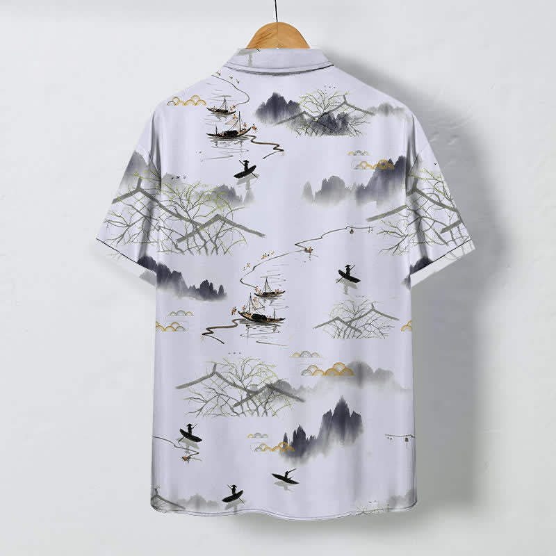 Nimara Ritual Ink Landscape Mountain Boat Pattern Buttons Breathable Men's Short Sleeve Shirt
