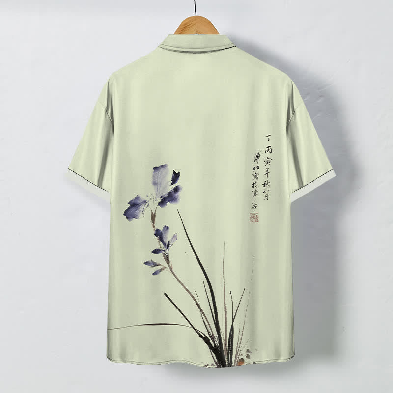 Nimara Ritual Ink Floral Calligraphy Seal Pattern Buttons Breathable Men's Short Sleeve Shirt