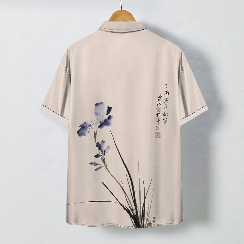 Nimara Ritual Ink Floral Calligraphy Seal Pattern Buttons Breathable Men's Short Sleeve Shirt