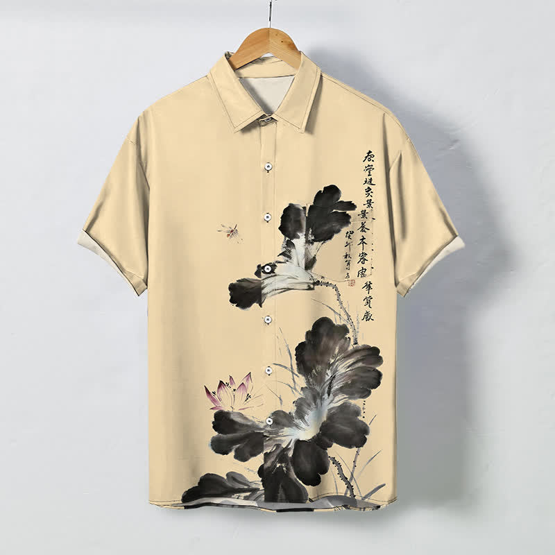 Nimara Ritual Ink Floral Calligraphy Pattern Buttons Breathable Men's Short Sleeve Shirt