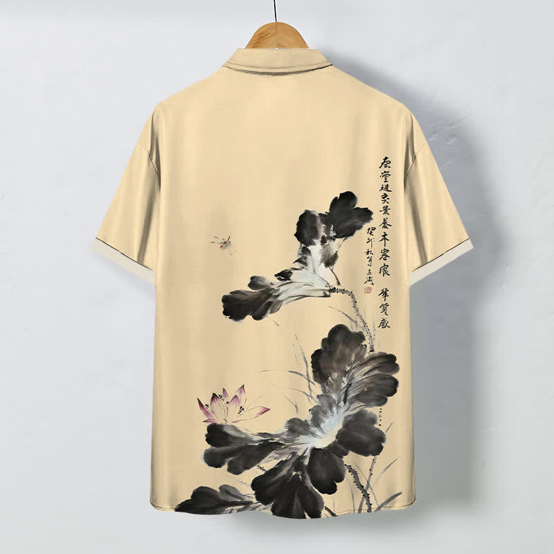 Nimara Ritual Ink Floral Calligraphy Pattern Buttons Breathable Men's Short Sleeve Shirt