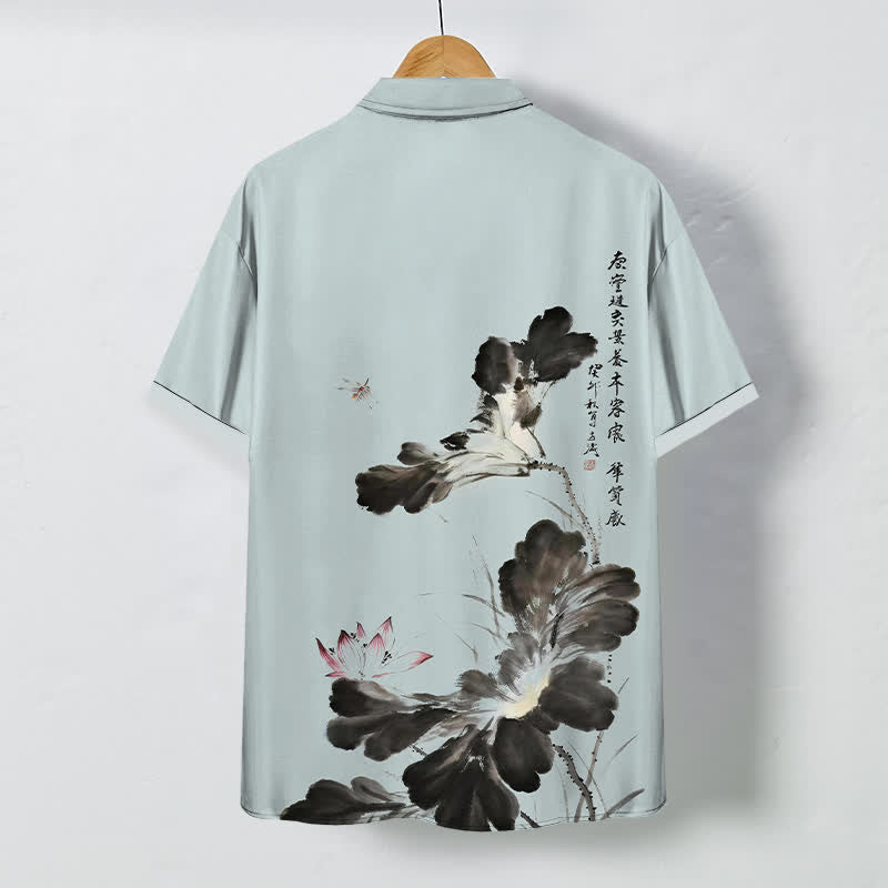 Nimara Ritual Ink Floral Calligraphy Pattern Buttons Breathable Men's Short Sleeve Shirt