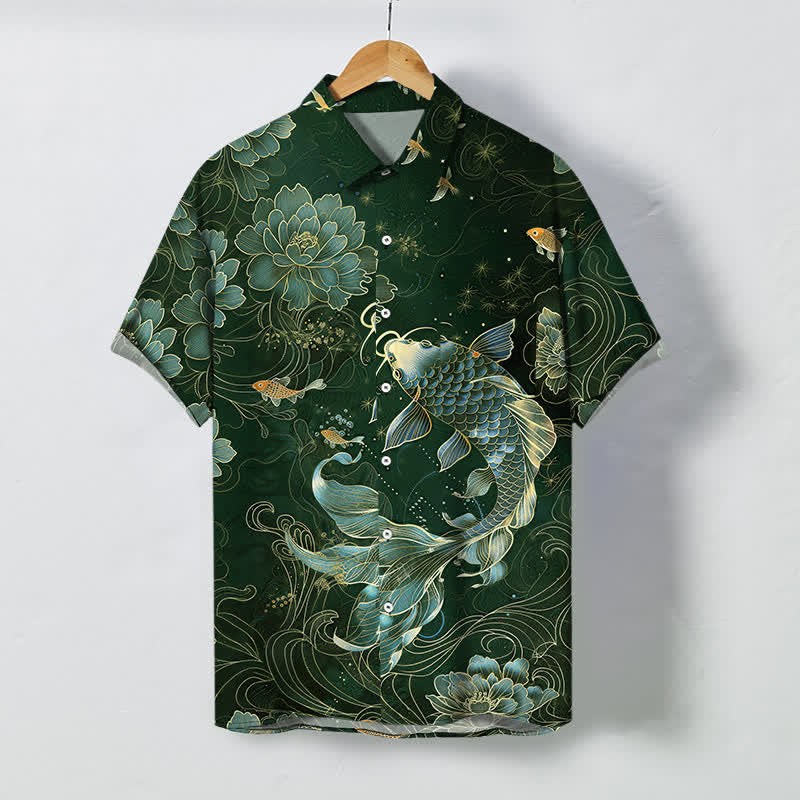 Nimara Ritual Blue Koi Lotus Pattern Buttons Breathable Men's Short Sleeve Shirt