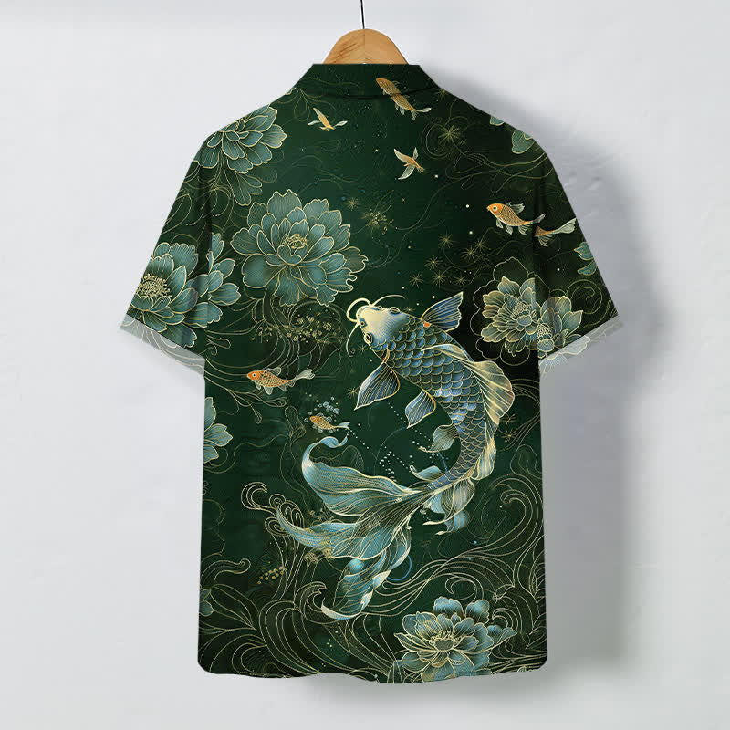 Nimara Ritual Blue Koi Lotus Pattern Buttons Breathable Men's Short Sleeve Shirt