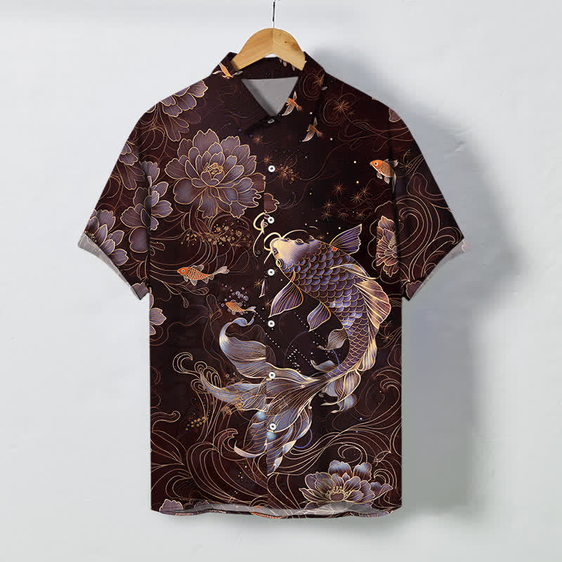 Nimara Ritual Blue Koi Lotus Pattern Buttons Breathable Men's Short Sleeve Shirt