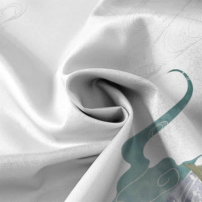 Nimara Ritual Crane Wave Cloud Pattern Buttons Breathable Men's Short Sleeve Shirt