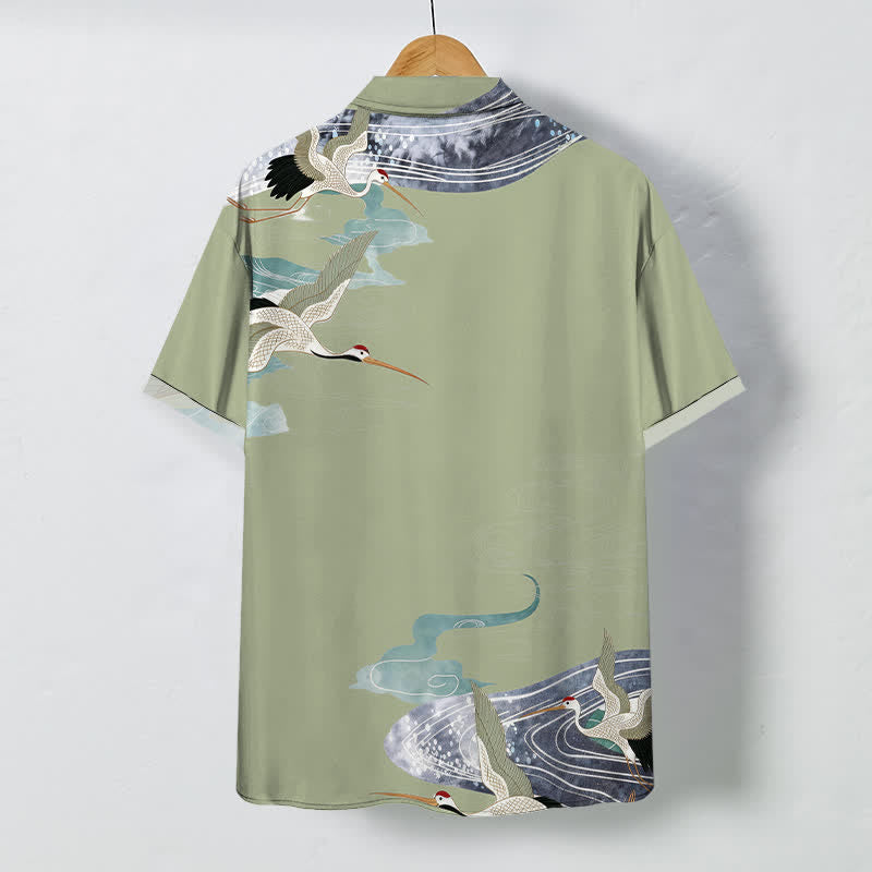 Nimara Ritual Crane Wave Cloud Pattern Buttons Breathable Men's Short Sleeve Shirt