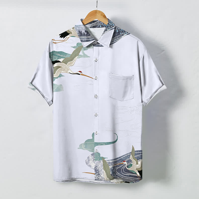 Nimara Ritual Crane Wave Cloud Pattern Buttons Breathable Men's Short Sleeve Shirt
