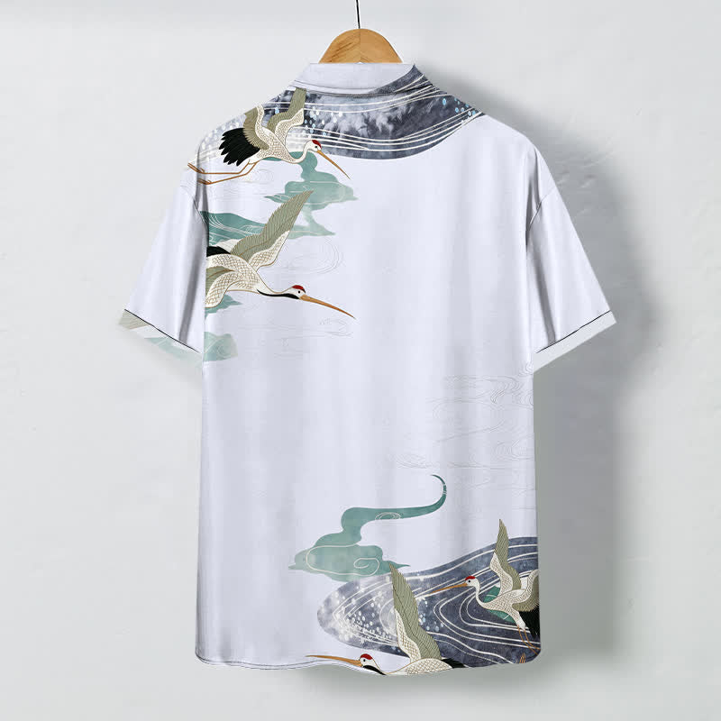 Nimara Ritual Crane Wave Cloud Pattern Buttons Breathable Men's Short Sleeve Shirt