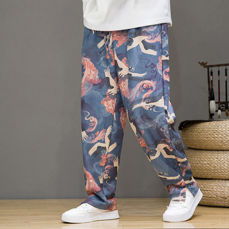 Nimara Ritual Spring Summer Casual Drawstring Crane Print Ankle Pants Men's Harem Pants With Pockets