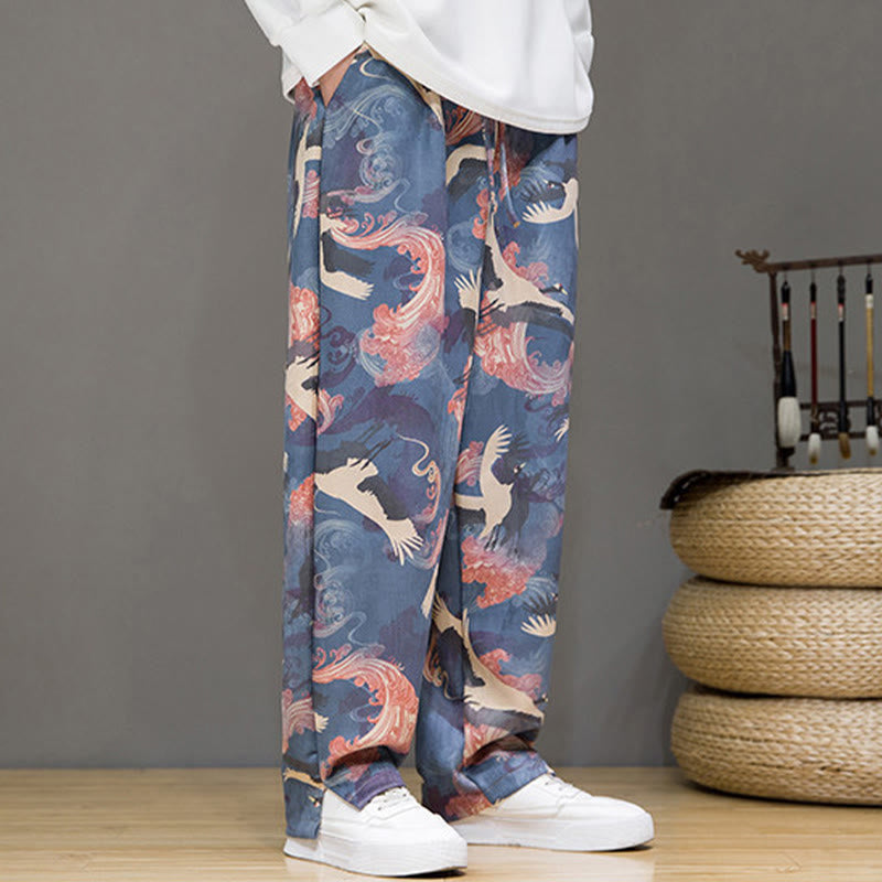 Nimara Ritual Spring Summer Casual Drawstring Crane Print Ankle Pants Men's Harem Pants With Pockets