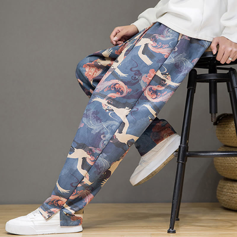 Nimara Ritual Spring Summer Casual Drawstring Crane Print Ankle Pants Men's Harem Pants With Pockets