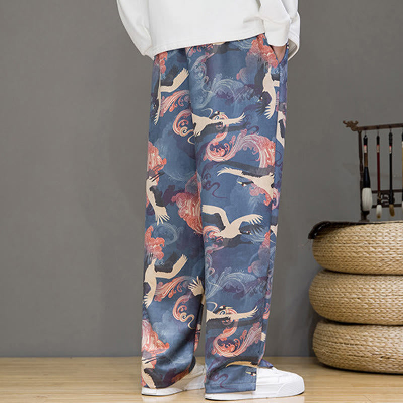 Nimara Ritual Spring Summer Casual Drawstring Crane Print Ankle Pants Men's Harem Pants With Pockets