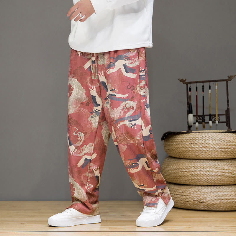 Nimara Ritual Spring Summer Casual Drawstring Crane Print Ankle Pants Men's Harem Pants With Pockets
