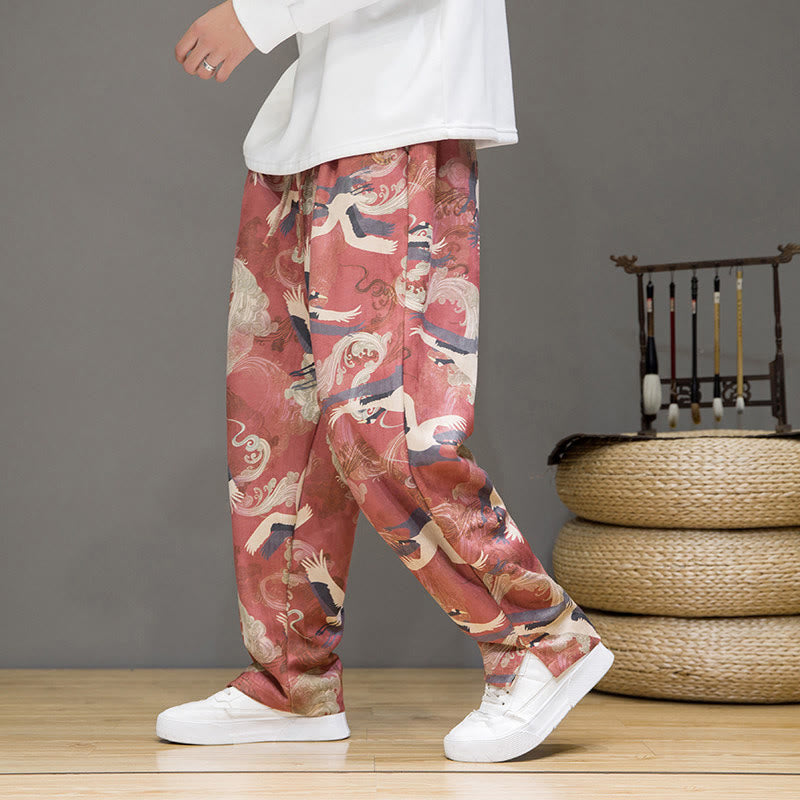 Nimara Ritual Spring Summer Casual Drawstring Crane Print Ankle Pants Men's Harem Pants With Pockets