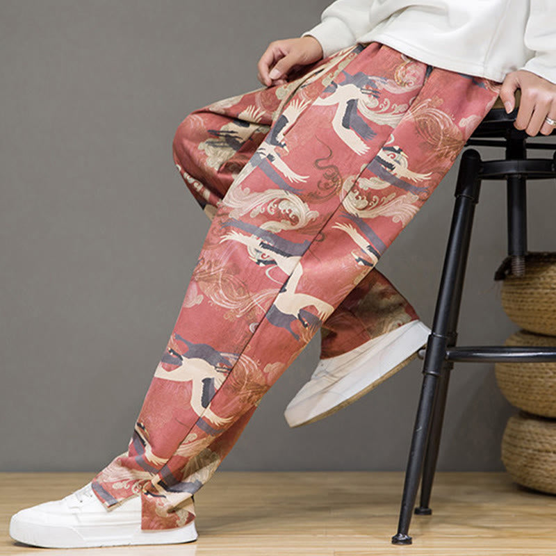 Nimara Ritual Spring Summer Casual Drawstring Crane Print Ankle Pants Men's Harem Pants With Pockets