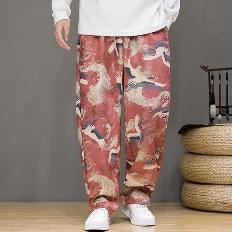 Nimara Ritual Spring Summer Casual Drawstring Crane Print Ankle Pants Men's Harem Pants With Pockets