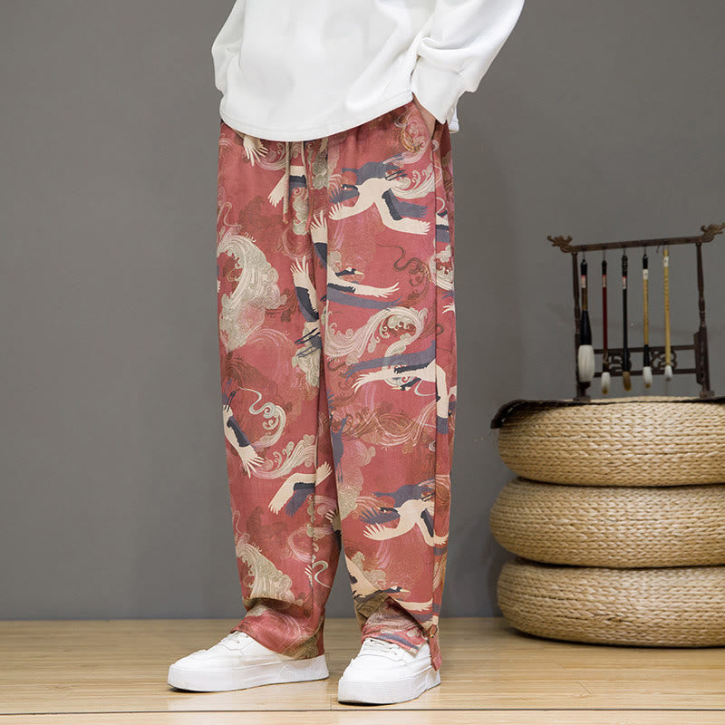 Nimara Ritual Spring Summer Casual Drawstring Crane Print Ankle Pants Men's Harem Pants With Pockets