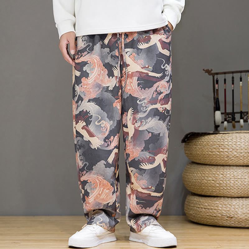 Nimara Ritual Spring Summer Casual Drawstring Crane Print Ankle Pants Men's Harem Pants With Pockets